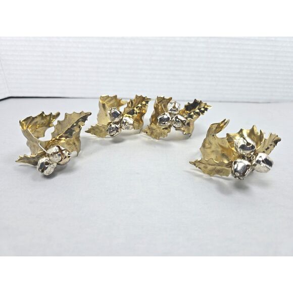 Vintage Department 56 Holly Leaf Napkin Rings Set of 4 Gold Tone Silver Bells - Picture 2 of 6